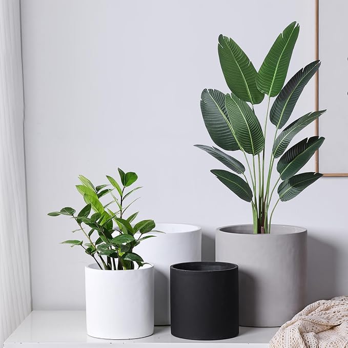 11 Inch Pot for Plants, Large Cement Planter with Drainage Hole, Mid-Century Modern Concrete Flower Pots for Home Decor, Office & Outdoor (White)