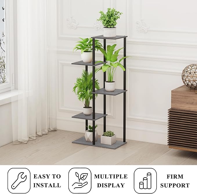 Plant Stand Indoor 5 Tier 6 Potted Metal Wood Plant Shelf, Multiple Flower Pots Corner Tall Plant Holder Stands for Living Room Balcony Bedroom, Oak Grey