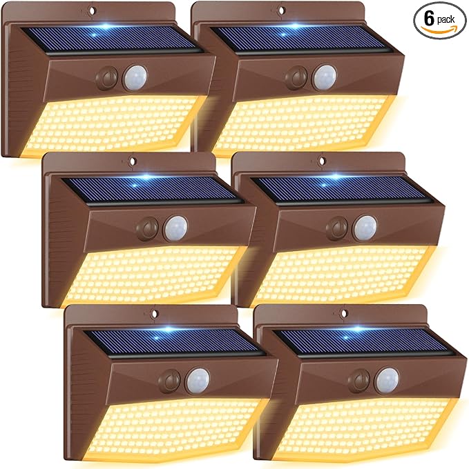 Peasur 6 Packs Solar Outdoor Lights Motion Sensor Solar Security Lights Waterproof with 3 Lighting Modes Solar Powered Wall Lights Outside for Garden Fence Yard Deck, Brown Warm
