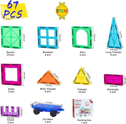 Bmag Magnetic Tiles, 67 PCS with 1 Car Building Blocks for Toddlers, 3D Magnet, STEM Educational Learning Building Blocks for Kids Children, Stacking Montessori Toys Gifts for Boys Girls