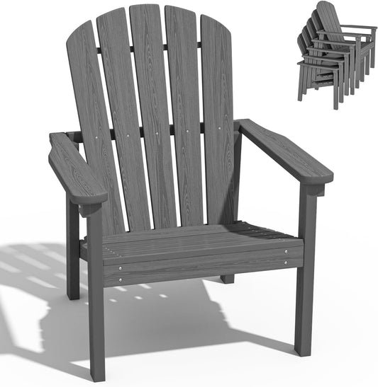 Stackable Adirondack Chair, HDPE Outdoor Patio Chair - Durable and Space Saving, Suitable for Porches, Lawns or Garden, Grey