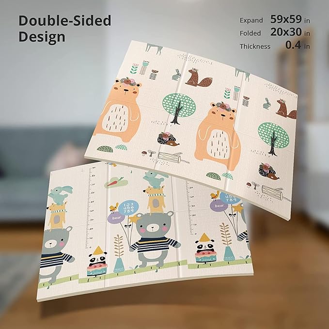 UANLAUO Foldable Baby Play Mat, Extra Large Waterproof Activity Playmats for Babies,Toddlers, Infants, Play & Tummy Time, Foam Baby Mat for Floor with Travel Bag (Bear(59x59x0.4inch))