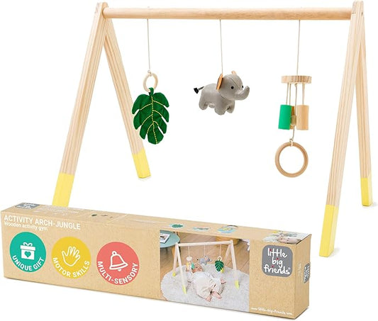 Little Big Friends Wooden Baby Activity Gym – Montessori Play Gym for Babies | Encourages Motor Skills & Sensory Development | Includes Crinkle Fabrics, Wooden Chimes & Hanging Toys – Jungle