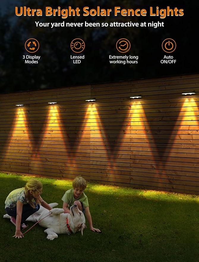 Solar Fence Lights ,Warm White & Cold White & Mixed Color 3 Modes Bright Lens LED Dusk to Dawn Deck Light, Fence Solar Lights Outdoor Waterproof,Solar Outdoor Lights for Backyard/Railing/Wall (4Pack)