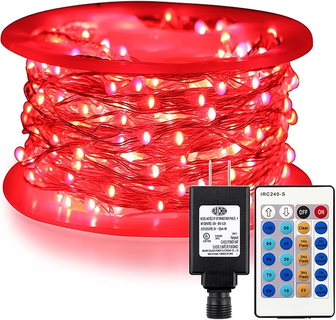 RUICHEN Red Dimmable Fairy Lights Plug in, Super Long 165 Ft 500 LED Twinkle String Lights with Remote, Waterproof Silver Wire Firefly Lights for Christmas Wedding Party Bedroom Patio Garden