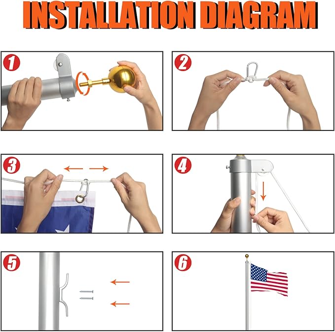 NELXINJO 25FT Sectional Flag Pole Kit, Heavy Duty Aluminum Outdoor In-Ground Flagpole, Gold Ball Top, 3x5 USA Flag for Residential Commercial Outdoor Garden(25FT, Silver)