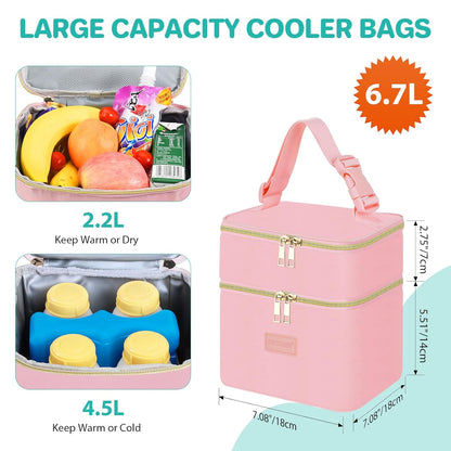 PIIOSER Breast Milk Storage Cooler Bag with Ice Pack, Fits 4 Baby Bottles Up to 5 Ounce, Small Insulated Breastmilk Cooler Travel Bag with Handle Buckle for Nursing & Working Mom Daycare(Pink-XS)