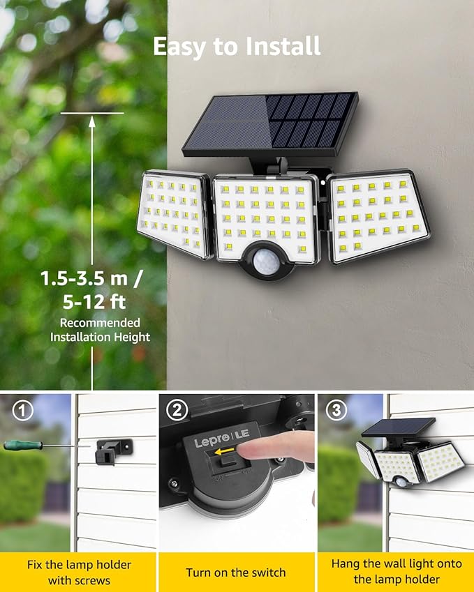 LE Solar Lights for Outside, Solar Lights Outdoor with Motion Sensor, WL4000 High Brightness, 3 Adjustable Heads 270° Wide Lighting Angle, IP65 Waterproof, Wireless Wall Lamp for Yard Garage