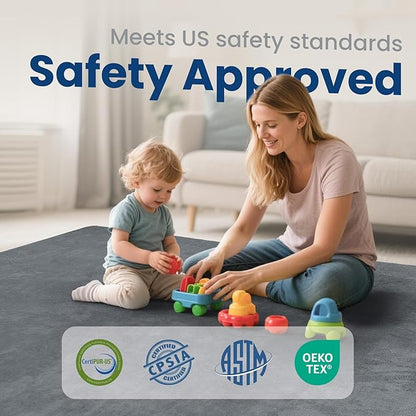 Baby Play Mat for Floor,Extra Large 59"×71" Playpen Mat for Tummy Time,Thicker Elasti Foam Mat for Toddler,Infant,Kids,Water Repellent Ultra Soft Velvet,Non-Slip Backing Safe for Crawling(Dark Grey)