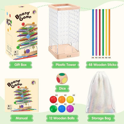 Montessori Wooden Board Games, 48 Colorful Sticks Dice Game with 12 Balls, Family Game for Kids and Adults, Math Educational Toys for 3 4 5 6 Years Old, Fine Motor Skills Toy Gifts for Boys and Girls