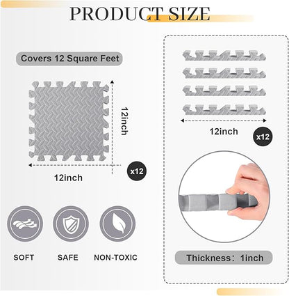 12 Tiles 12x12x1 Inch EVA Thick Interlocking Foam Floor Tiles Puzzle Exercise Mat Play Foam Mats for Boys Girls Baby Pets Home Classroom Nursery Gym(Grey)