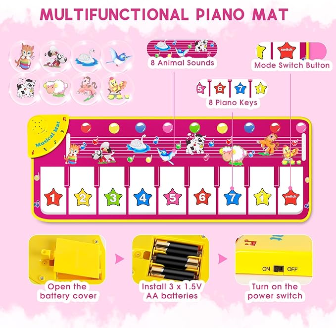 M SANMERSEN Piano Mat - Musical Keyboard Floor Playmat 39.5" Electronic Music Animal Touch Play Blanket Funny Xmas Gift Toy for 1 2 3 Year Old