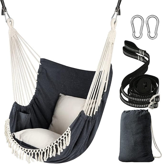 Chihee Hammock Chair Hanging Swing 2 Pillows Included,Strong Webbing Straps and Hooks for Easy Hanging Soft Cotton Hanging Chair Side Pocket Tassel Chair Comfort Indoor Outdoor Dark Grey