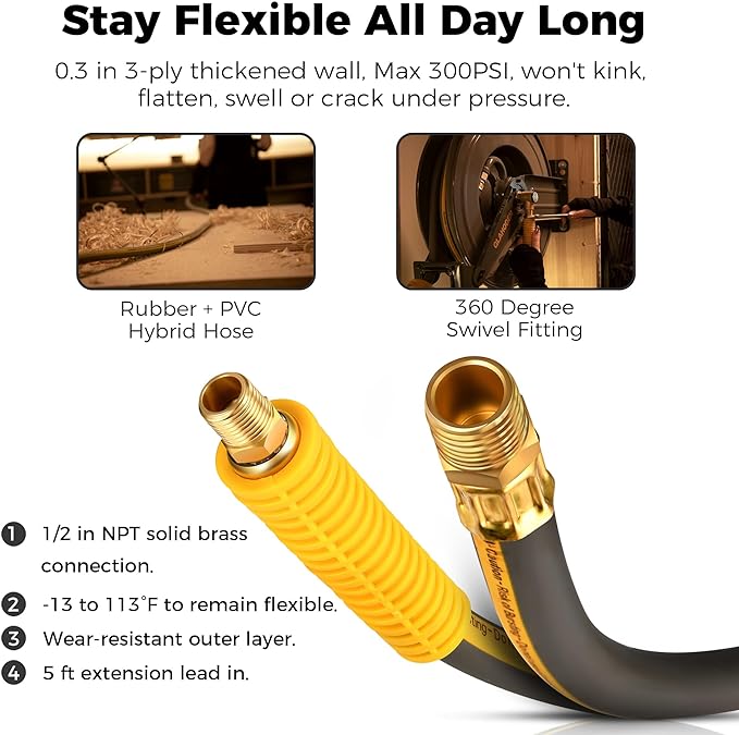 Double Arm Air Hose Reel 50 ft Retractable, 1/2 in Hybrid Hose Heavy Duty Steel Professional Air Compressor Hose Reel with 5 ft Lead in Max 300PSI Auto Rewind Quick Coupler Swivel Fitting