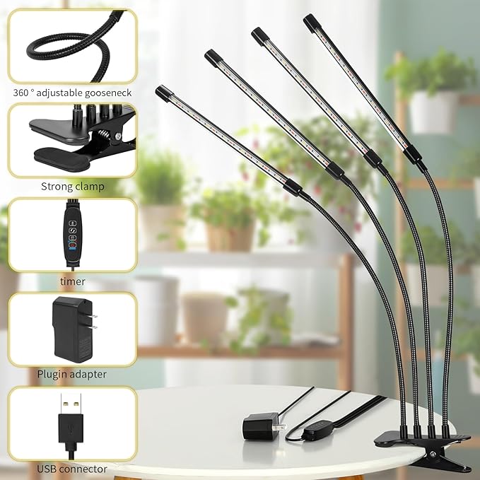 LED Grow Lights, 4 Heads Full Spectrum Plants Lights with Clamp for Indoor Plants & Seed Starting, 10-Level Dimmable, Auto On Off, Timing 4 9 12Hrs
