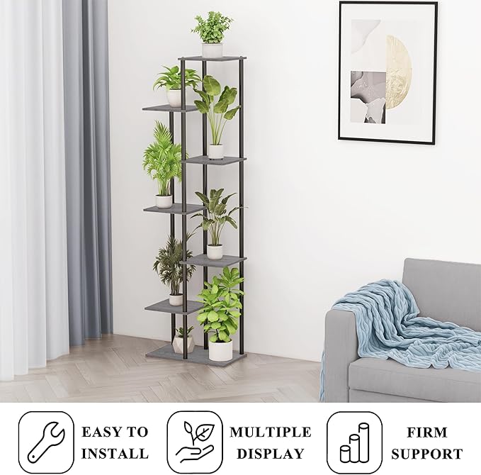 Plant Stand Indoor 7 Tier 8 Potted Metal Wood Plant Shelf, Multiple Flower Pots Corner Tall Plant Holder Stands for Living Room Balcony Bedroom, Oak Grey