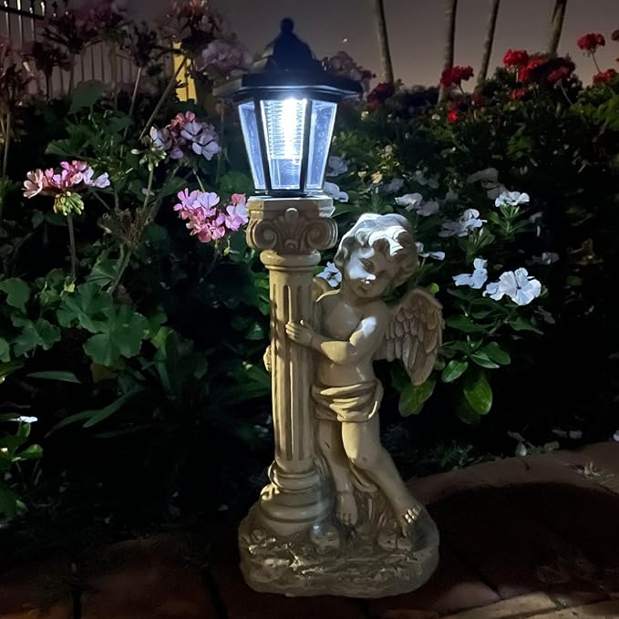Angel Statue with Solar Lights (Right) 19.7 Inch, Outdoor Solar Angel Garden Statue with Roma Pillar for Garden Lawn Deocr, Christian Religious Gift
