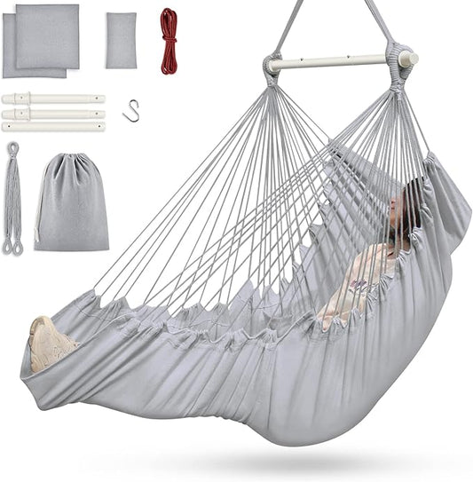Outerman Hammock Chair, Hanging Chair with 3 Cushions and Foot Rest Support, Sturdy Metal Spreader Bar Max 440 Lbs, Swing Chair for Bedroom, Indoor & Outdoor, Patio, Porch or Tree（Gray）