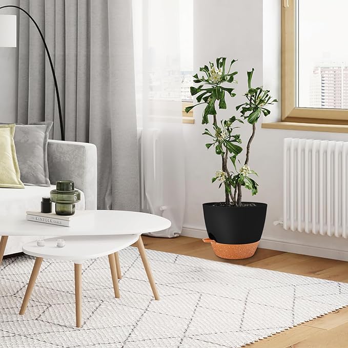 GARDIFE 10 inch Plant Pots,Self Watering Pots, 2 Pack Flower pots, Large Plastic Planters with Deep Reservior and High Drainage Holes for Indoor Outdoor Plants and Flowers, Black