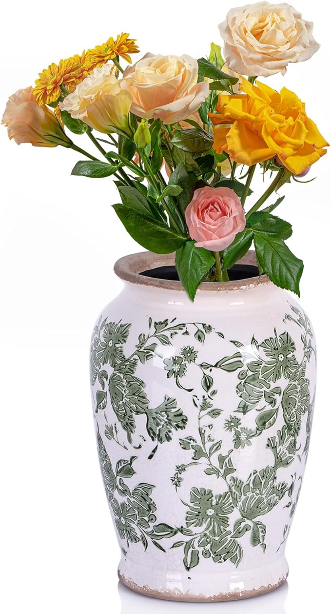 Vintage Vase for Flowers,Green Chinoiserie Ceramic Vase,Rustic Farmhouse Cracked Vases,for Flower Arrangement,Living Room, Office, Shelf, Fireplace Tables,Centerpieces,Chinoiserie Pottery Decor(B)