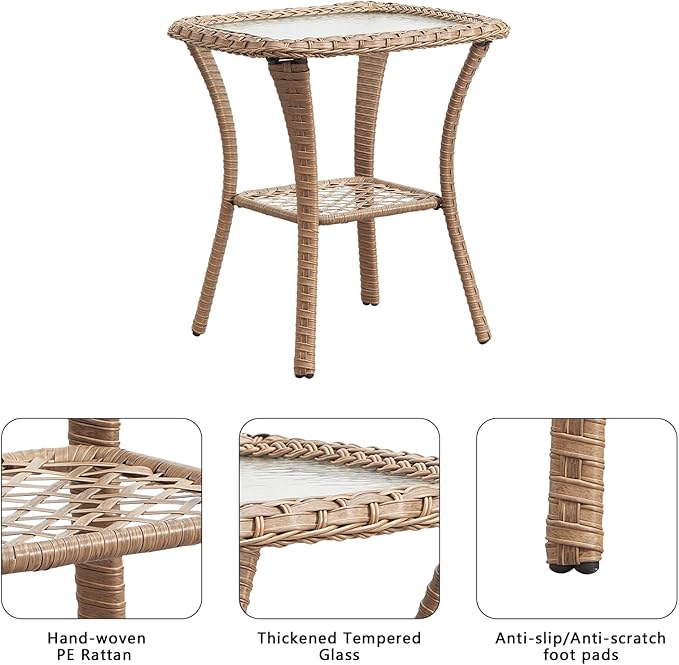 Patio Tables Wicker Side Table - Rattan Coffee Tables with Glass Top End Table for Outdoor Outside Patio Porch Square Yellow