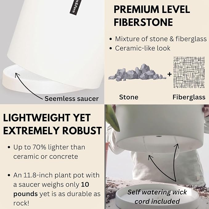 Fox & Fern Large 12 Inch Plant Pot with Hidden Saucer — Premium Lightweight Fiberstone Matte White Self Watering Planter with Seamless Saucer; Indoor & Outdoor Use; Weather Resistant & UV Resistant