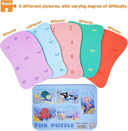 Wooden Floor Puzzles Set for Toddler Age 2-4 Easy 5 Pack 4 to 12 pcs Large Ocean Animal Beginner Puzzles for Early Educational Toy