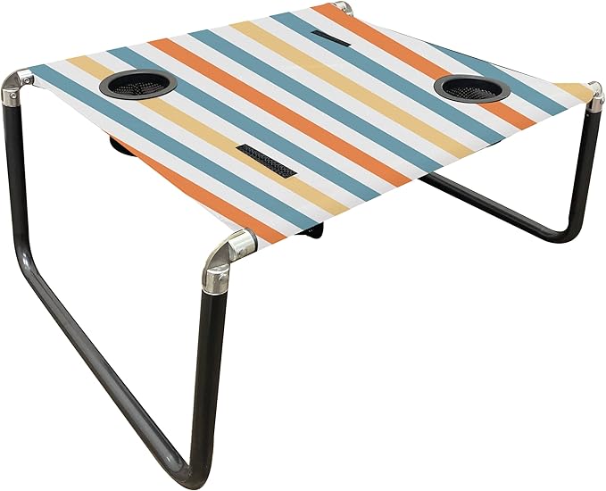 Neso Portable Beach Table with Cup Holders, Cell Phone Pockets, Lightweight for Picnics and Parks (Vintage Stripes)