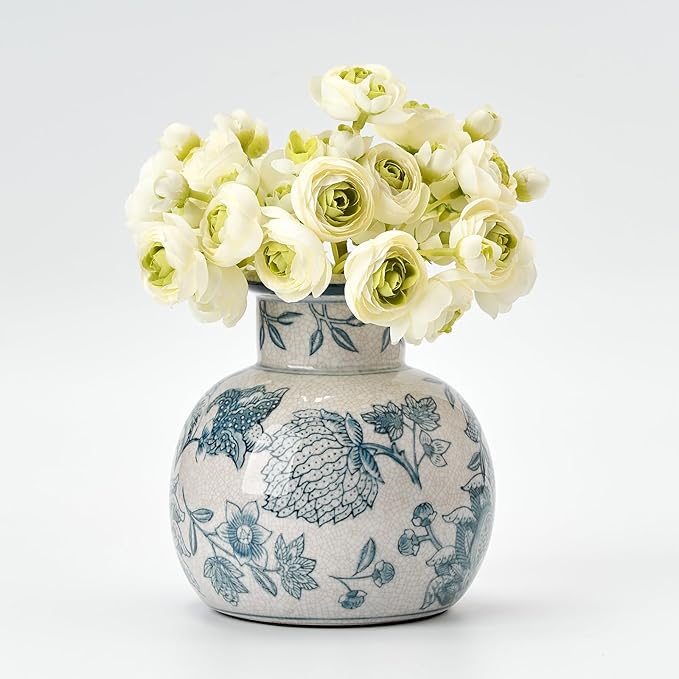 SIDUCAL Blue and White Vintage Vase | 6 Inch Ceramic Chinoiserie Floral | Retro Ice Cracked Blue and White Porcelain Vase for Table, Living Room, Bathroom Decoration, Wedding, Shelf Decor, Mantel