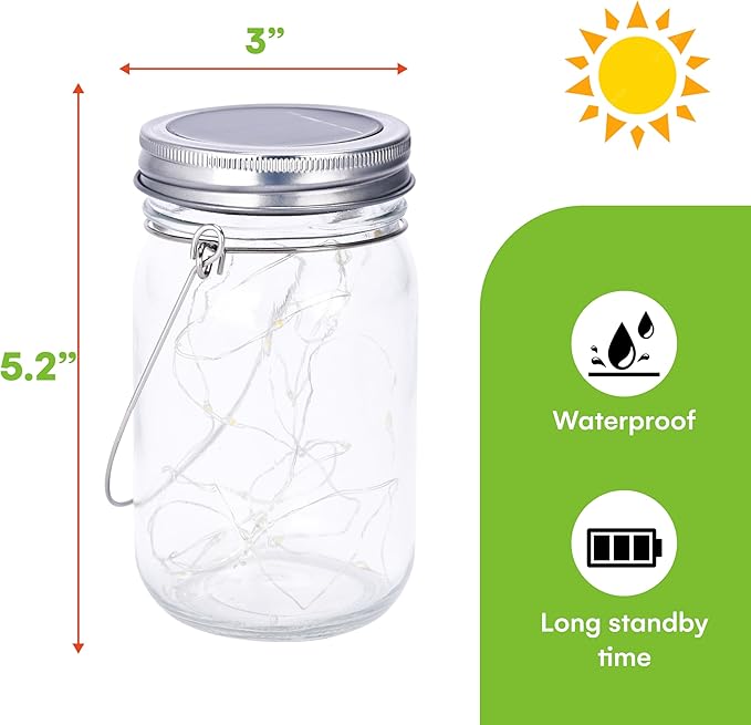 SteadyDoggie Solar Mason Jar Lights - Set of 2 Magical Patio Lights in Glass Lanterns - Hang Them Anywhere Outdoors for Enchanting Illumination - Waterproof and Decorative - 5.2" x 3"