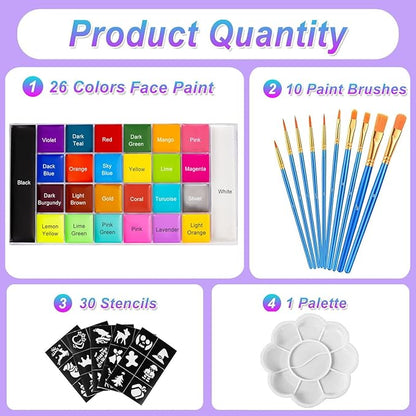 26 Colors Face & Body Paint Palette Kit，Halloween Makeup Kit, face painting kit professional，with 10 Brushes+30 pcs Stickers，Ideal for Halloween Cosplay Party SFX Arty Stage Makeup(26-Colors)