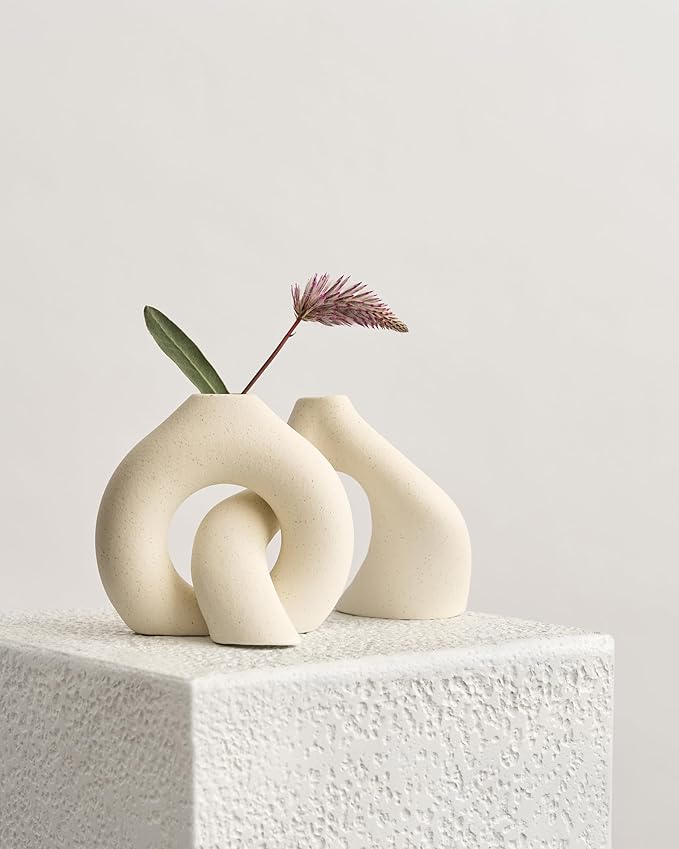 NOBULA White Ceramic Donut Vases – Modern Home Decor for Living Room, Bedroom & Table Centerpiece - Minimalist Nordic – Unique Vases for Olive Plant & Flowers – Decorative Coffee Table Vase Set of 2
