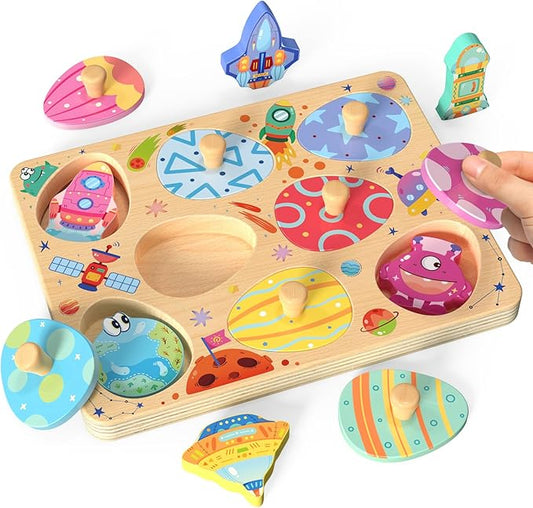 Wooden Puzzles for Toddlers, 8 Pcs Space Matching Egg Puzzle, Solar System for Kids, Montessori Toys for Boy Girl Easter Birthday Gifts, Educational Toys for Boys, Girls