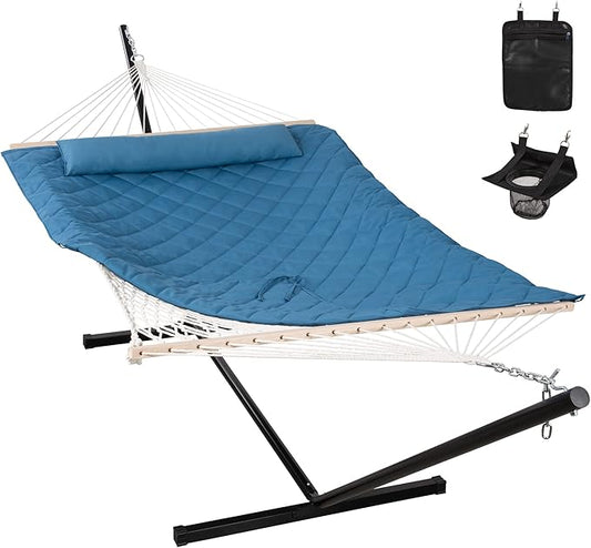 ANOW Double Hammock with Stand Included, Rope Hammock with Detachable Pillow and Pad for Outdoors Indoors, 450 LBS Weight Capacity, Blue