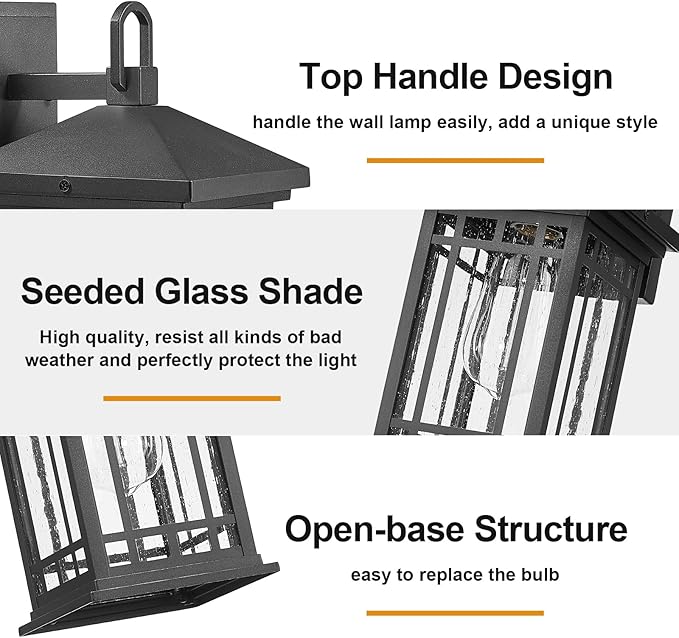 Outdoor Porch Lights Wall Mount, 2 Pack 12.4 Inch Outdoor Wall Lantern With E26 Sockets & Seeded Glass, Classic Exterior Lighting Fixtures, Waterproof Black Porch Light Fixtures For House, Garage