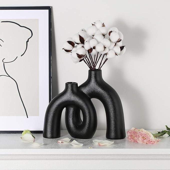 CEMABT Modern Nordic Boho Vase Set - Elegant Black Matte Ceramic Home Decor for Living Room, Bookshelf, Mantel, Entryway Table & Console Décor | Shelf Decorations Gift