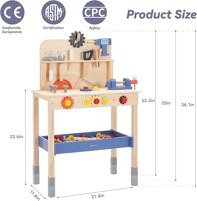 69‑Piece Wooden Kids Tool Bench – Montessori Toddler Workbench with Pretend Power Drill, Clock & Storage Shelf – STEM Construction Play Set for Boys & Girls Ages 3‑5