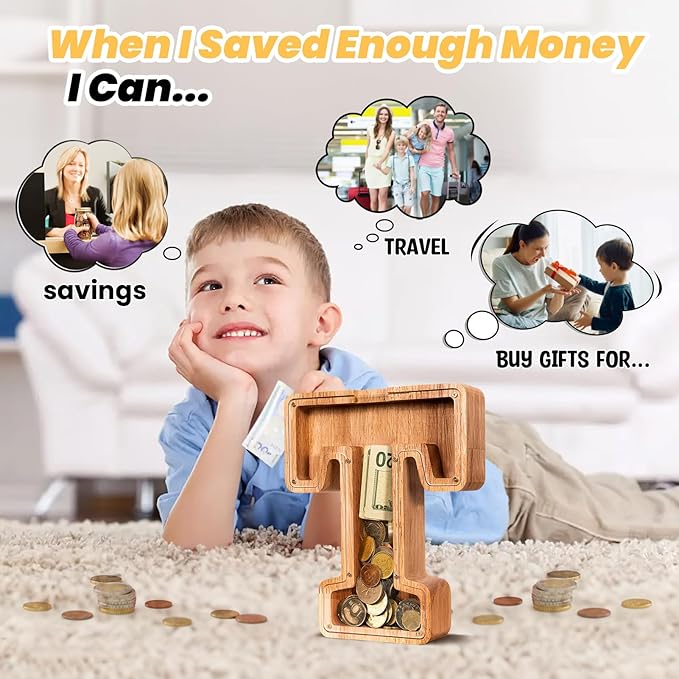 KMC Wooden Letter Piggy Bank, Personalized Initial Piggy Bank for Kids Boys, Clear Alphabet T Wood Money Box, Unbreakable Coin Saving Jar, Birthday, for Children