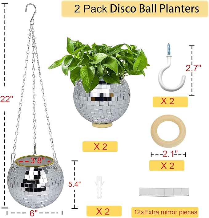 2Pcs Disco Ball Planter, 6"/8" Disco Planter with Hanging Chain & Hook & Ring Stand, Disco Ball Plant Hangers for Indoor and Outdoor Plants, Hanging Plant Holder (2Pcs 6", Silver)