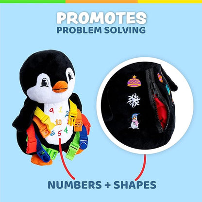 Buckle Toys Blizzard Penguin Plush Montessori Toys for Toddlers 1-3 Animal Sensory Toy to Develop Fine Motor Skills and Learn Shapes and Colors, Travel Essentials for Kids, Includes Storage Pocket