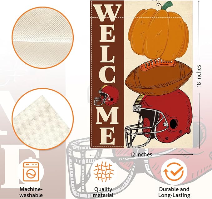 Fall Welcome Garden Flag Autumn Pumpkin Football Garden Flag 12x18 inch Double Sided Fall Thanksgiving Flags for Yard Outdoor Front Door (Flay 1803)