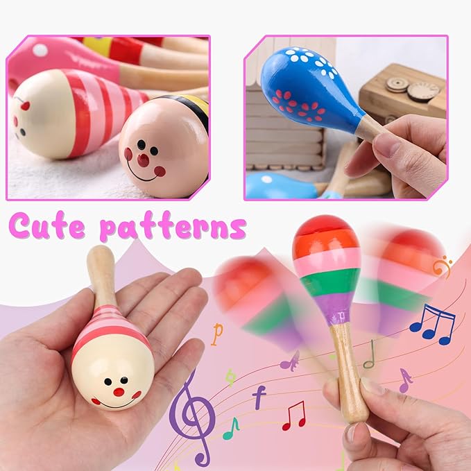 POPLAY 10PCS Mini Wooden Maracas, Maracas for Toddler Musical Instruments Wooden Shakers Baby Musical Toys Infant Learning Toys