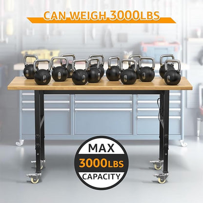 60" Adjustable Workbench,Heavy-Duty Work Table,3000 LBS Load Capacity Hardwood Workstation Outlets with Power Strips and Wheels,for Workshop, Garage