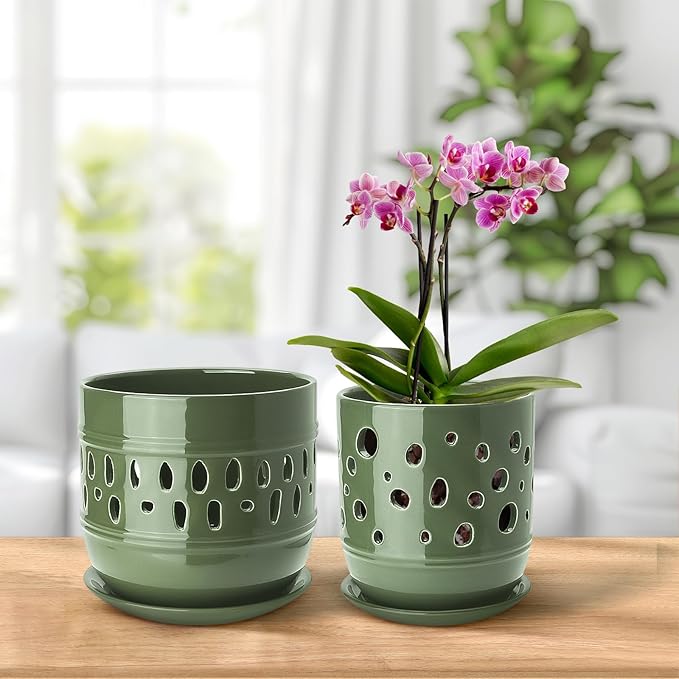Orchid Pots with Holes, 5+6 Inch Ceramic Orchid Pot, Enhance Good Ventilation and Drainage,Flower Pots for Indoor/Outdoor Plants 2 Pack - Forest Green