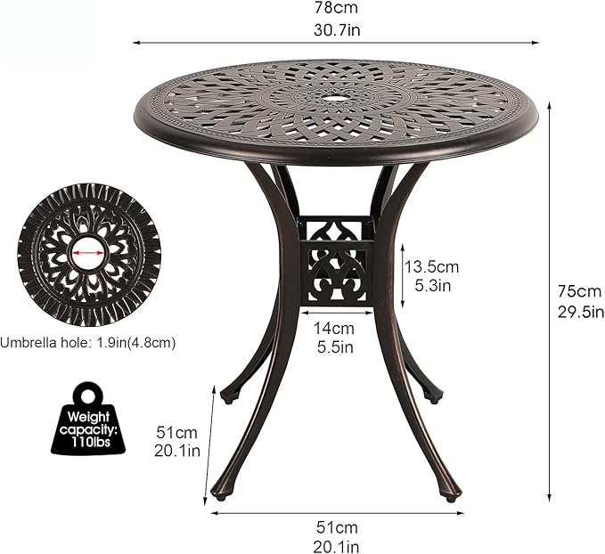 COBANA Patio Bistro Table, 31’’ Round Cast Aluminum Outdoor Dining Retro Side Table with 2’’ Umbrella Hole, Bronze