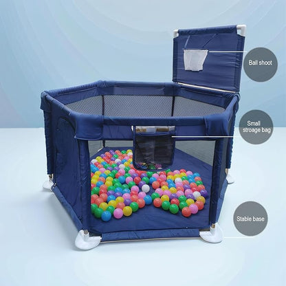 Portable Baby Ball Pit Playpen Playard Fence Playtent with Basketball Hoop Breathable Mesh for Indoors Outdoors Toddler Kids Large Blue 6-Panel