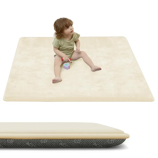 ACOMOPACK 1.3" Thick Baby Play Mat for Floor 50x50"-Memory Foam Water-Repellent Playpen Mat for Tummy Time,Non-Slip Soft Velvet Nursery Rug for Kids,Toddlers,Infants Crawling（Beige）