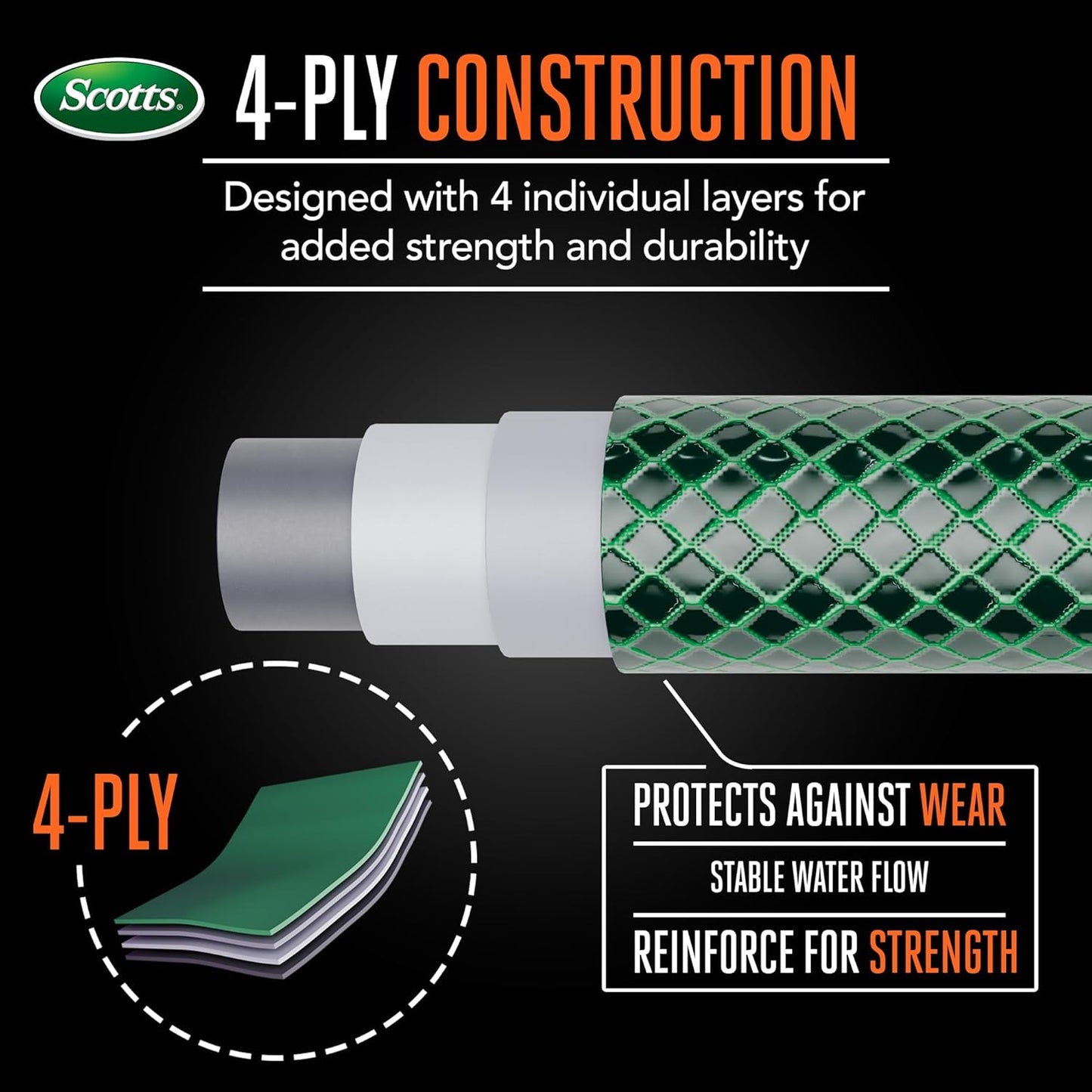 Scotts 25 ft. Garden Hose – 5/8 in. Diameter, 4-Ply Construction, 300 PSI, High-Pressure, Easy-to-Coil Water Hose with Crush-Resistant Couplings, Easy to Connect for Lawn and Garden Use