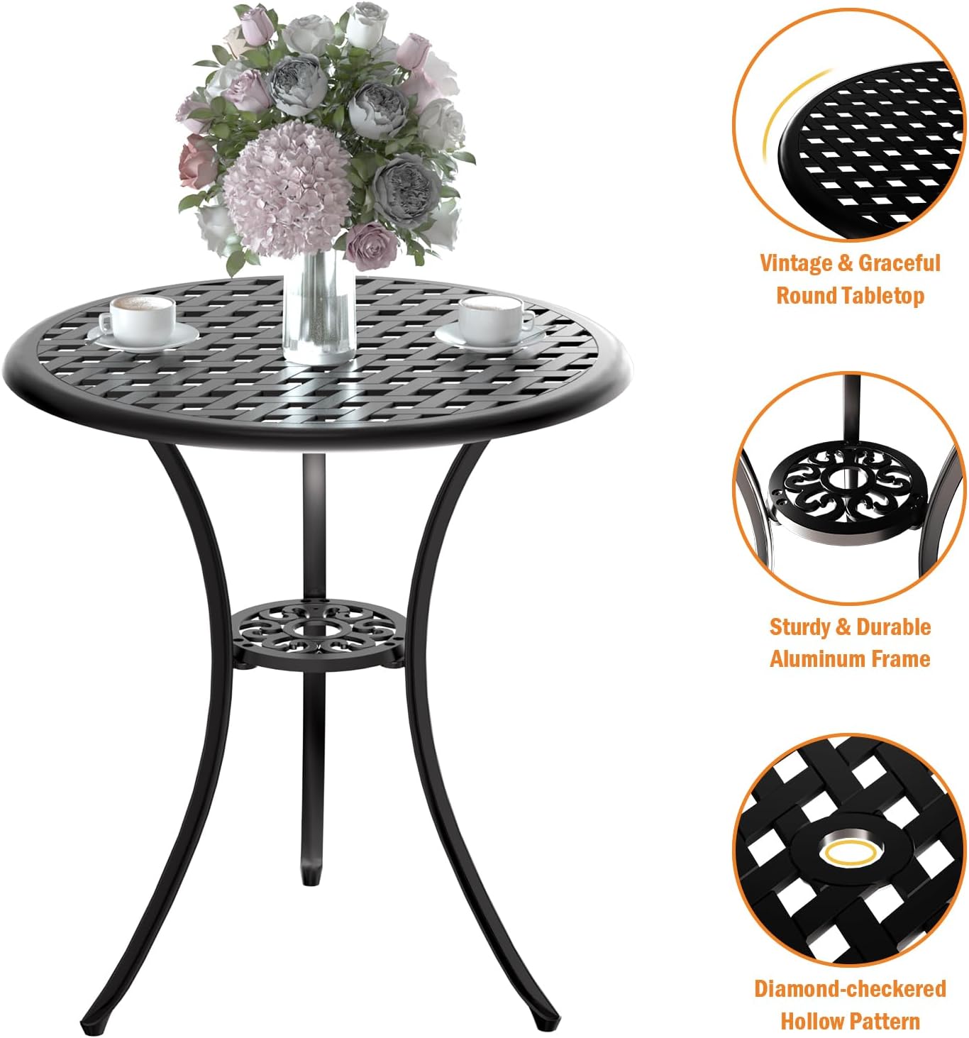 Patio Bistro Set 3 Piece, Cast Aluminum Bistro Set for 2 w/Umbrella Hole, Outdoor Table and Chairs Set of 2, Bistro Set for Balcony/Backyard/Garden, Black