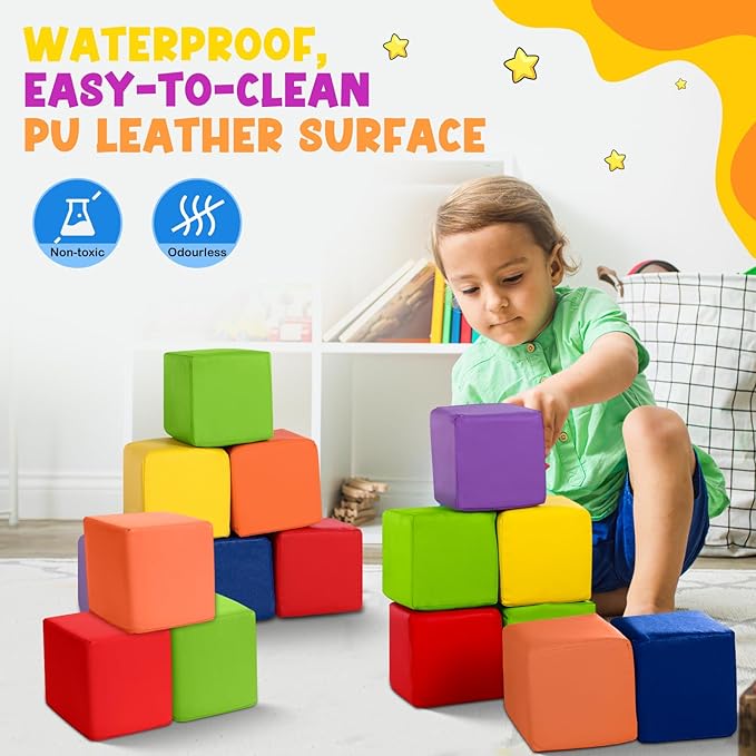 Civaner 12 Pcs Foam Building Blocks for Kids 5.51 Inch Colorful PU Leather Foam Counting Cubes Stacking Block Sets Building Throwing Toys for Toddler Math Preschool Learning Birthday Gift